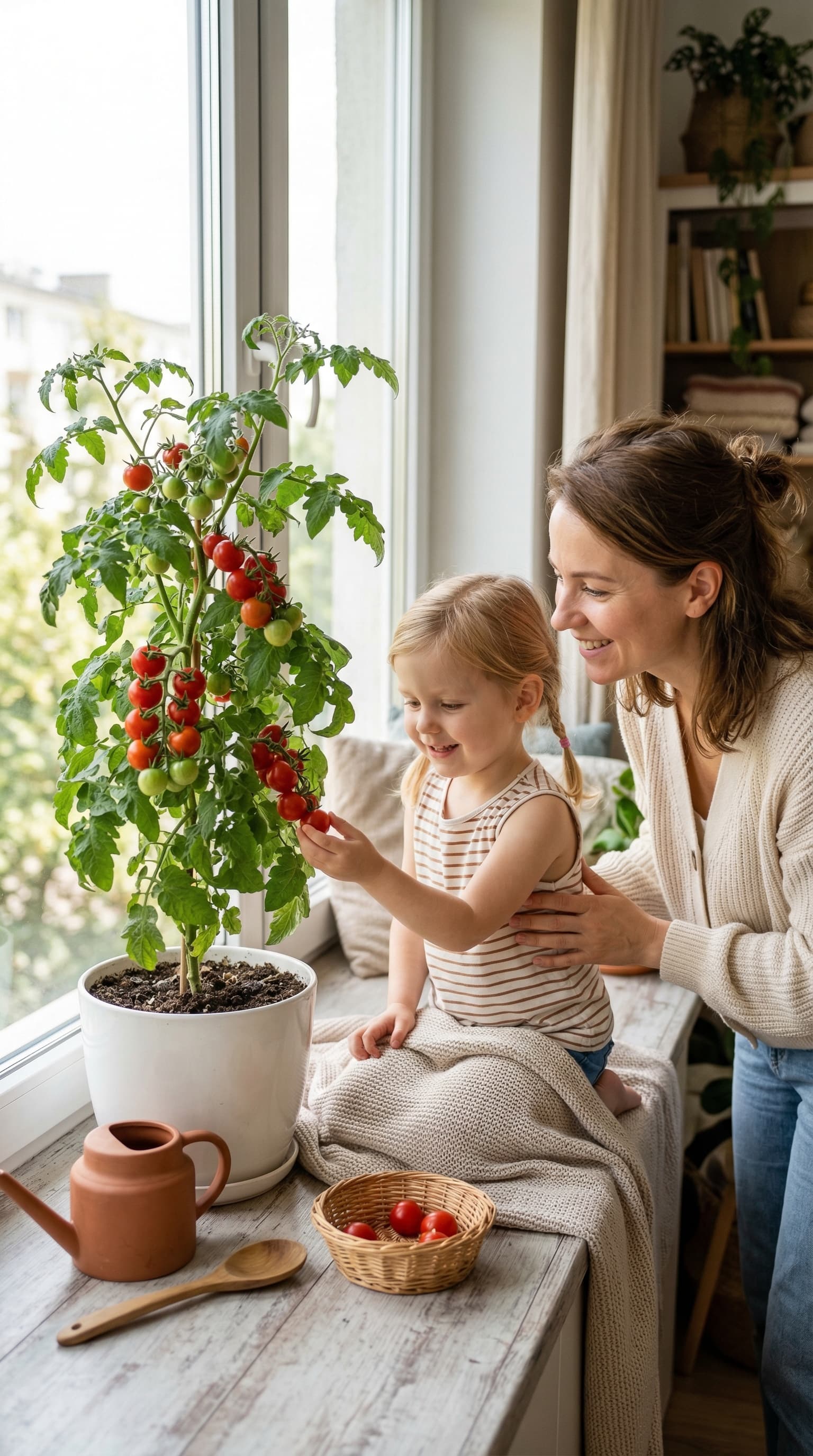 Жінка з кущем кущиком томатів TomatoBox у домашньому інтер'єрі