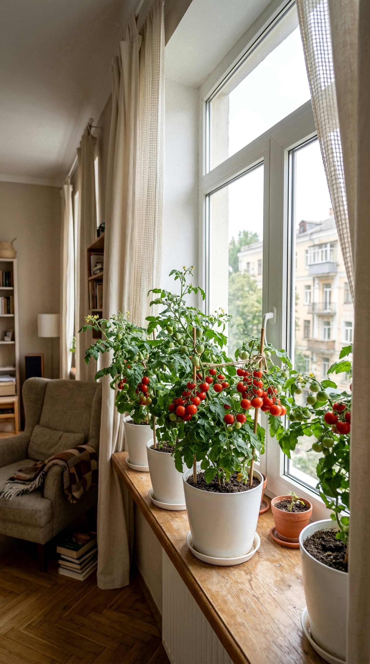 Мама з донечкою біля куща томатів TomatoBox у білому горщику