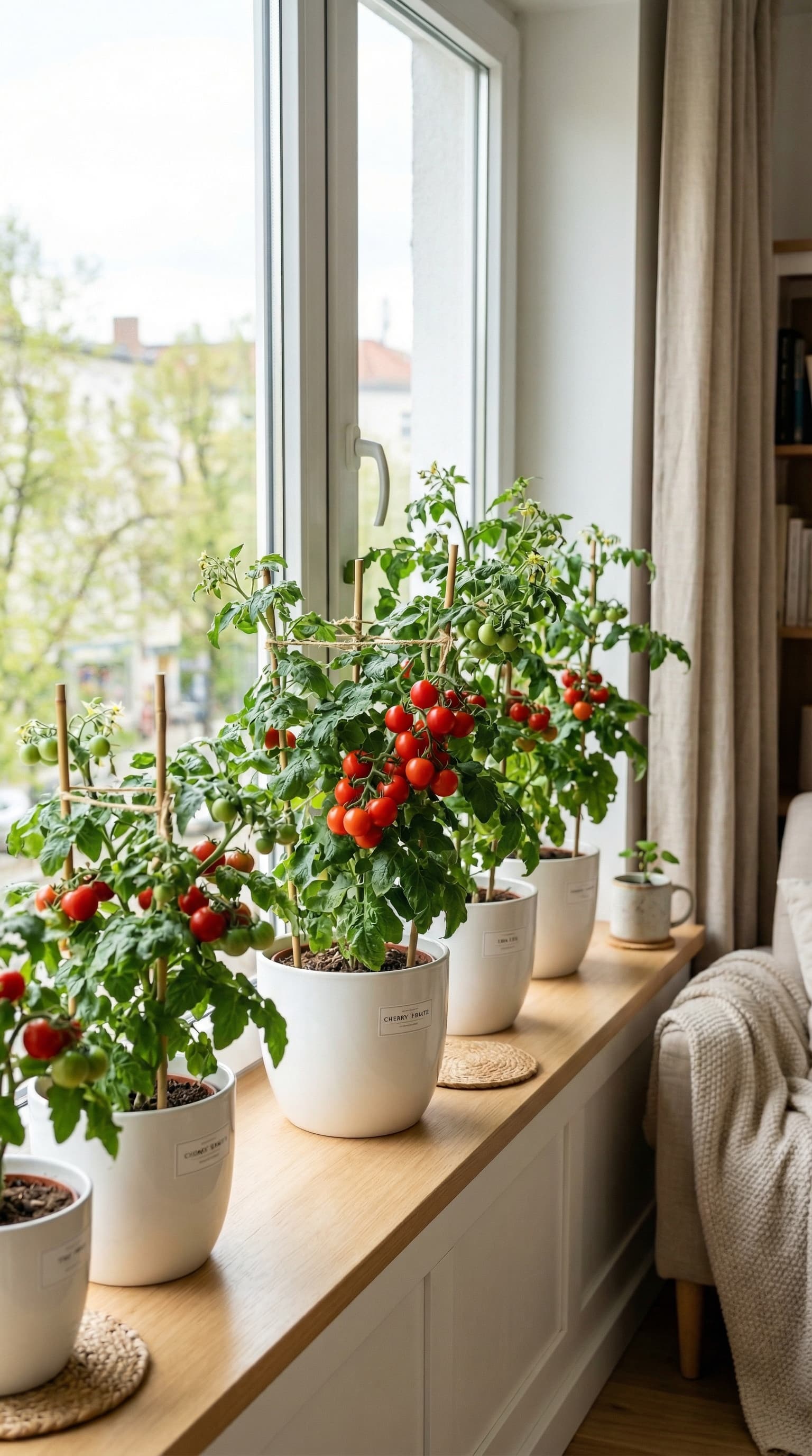 Жінка збирає перший врожай домашніх томатів TomatoBox біля вікна